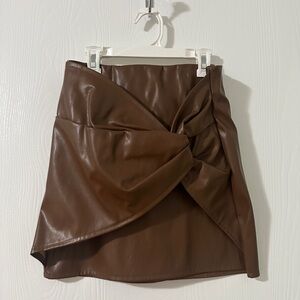 Chocolate brown leather skirt with knot tie detail